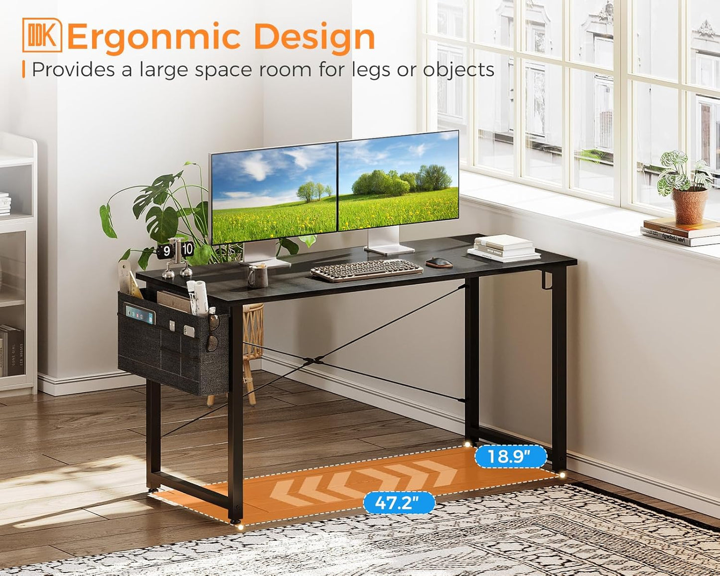 Computer Desk Large Office Desk, 48 Inch Writing Desk with Storage, Modern PC Desk Work Table with Headphone Hook for Home Office, Black