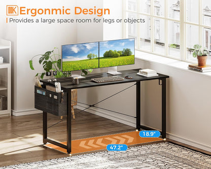Computer Desk Large Office Desk, 48 Inch Writing Desk with Storage, Modern PC Desk Work Table with Headphone Hook for Home Office, Black