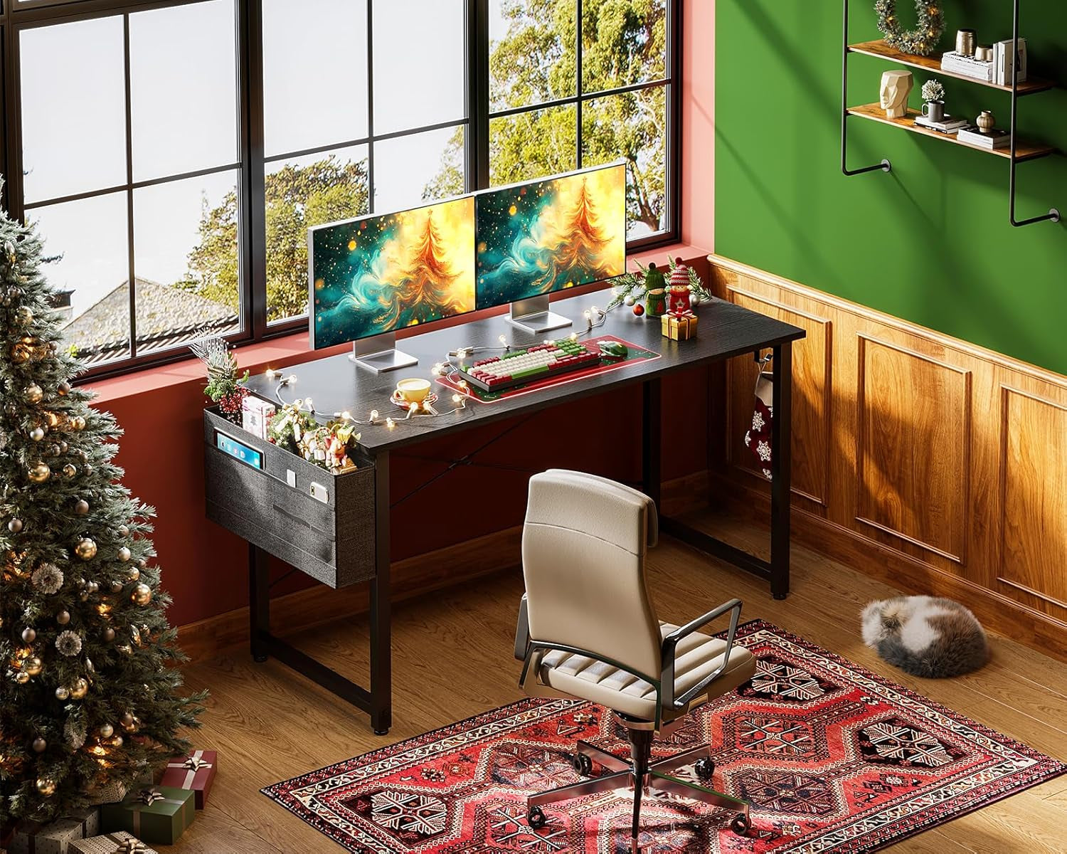 Computer Desk Large Office Desk, 48 Inch Writing Desk with Storage, Modern PC Desk Work Table with Headphone Hook for Home Office, Black